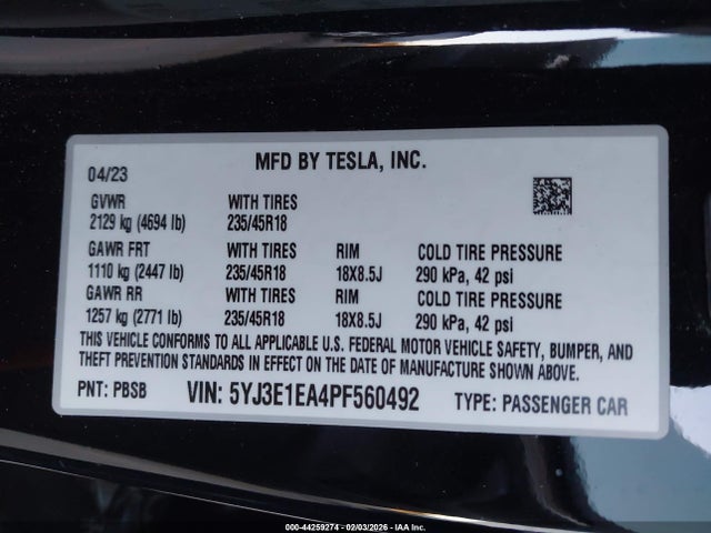 Продаж на аукціоні авто 2023 Tesla Model 3 Rear-wheel Drive, vin: 5YJ3E1EA4PF560492, номер лоту: 44259274