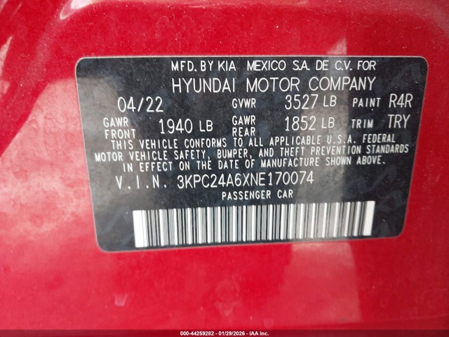 3KPC24A6XNE170074 Hyundai ACCENT SE