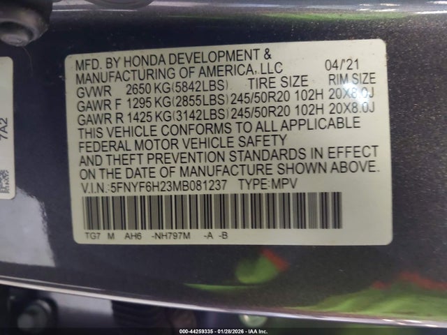 5FNYF6H23MB081237 Honda Pilot Awd Special Edition