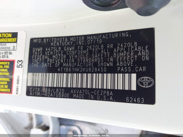 4T1B61HK2KU828450 Toyota CAMRY XSE