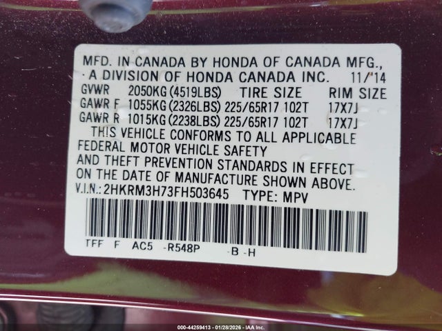 2HKRM3H73FH503645 Honda Cr-v Ex-l