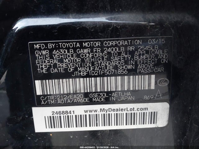 Aukcja sprzedaży 2015 Lexus Is 250, vin: JTHBF1D21F5071856, numer aukcji: 44259453