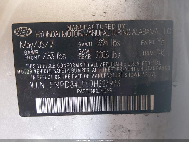 5NPD84LF0JH227923 Hyundai ELANTRA SEL