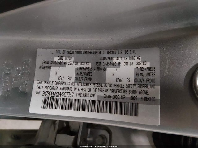 Aukcja sprzedaży 2021 Mazda Mazda3 Select, vin: 3MZBPBBM2MM207747, numer aukcji: 44259533