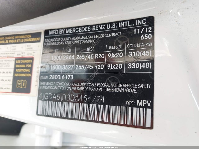 Aukcja sprzedaży 2013 Mercedes-benz Ml 350, vin: 4JGDA5JB3DA154774, numer aukcji: 44259537