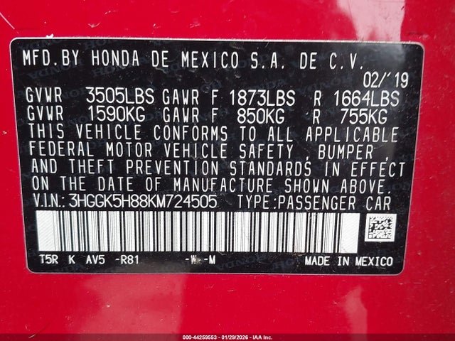 3HGGK5H88KM724505 Honda FIT EX