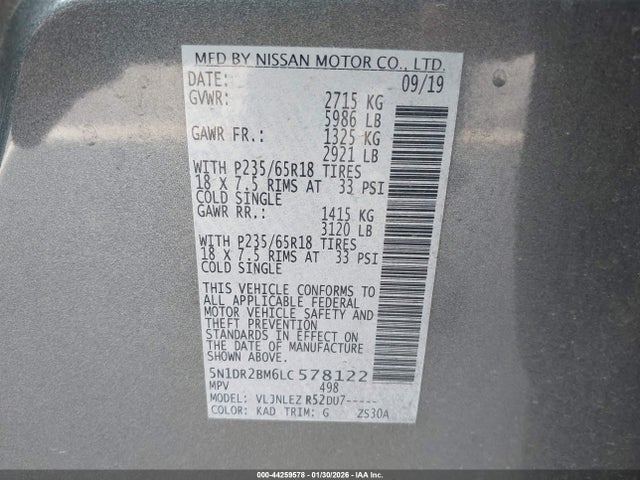 5N1DR2BM6LC578122 Nissan Pathfinder Sv 4wd