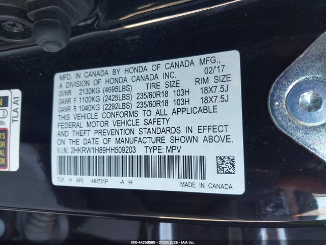 2HKRW1H89HH509203 Honda Cr-v Ex-l/ex-l Navi
