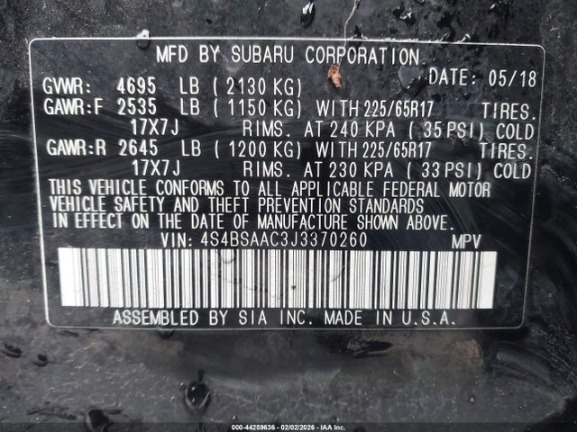 Subaru Outback 2.5i 2018 4S4BSAAC3J3370260 Image 9