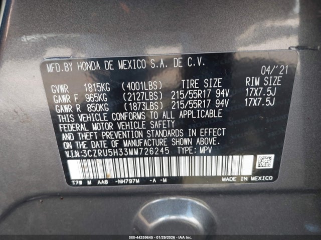 3CZRU5H33MM726245 Honda Hr-v 2wd Lx