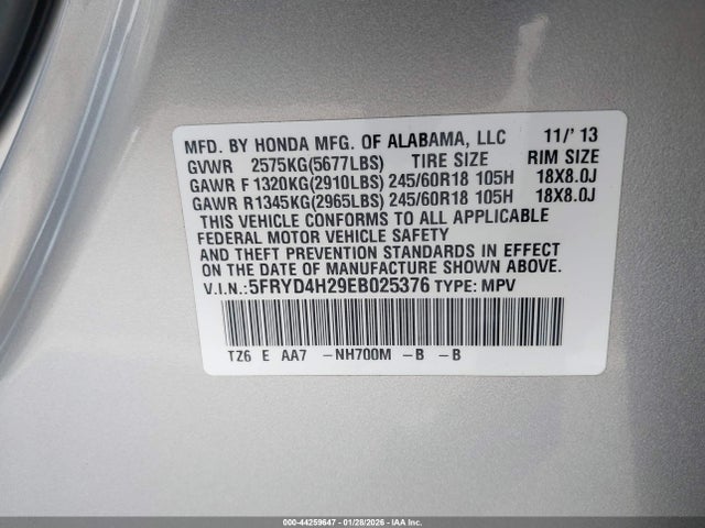 44259647 :رقم المزاد ، 5FRYD4H29EB025376 vin ، 2014 Acura Mdx مزاد بيع