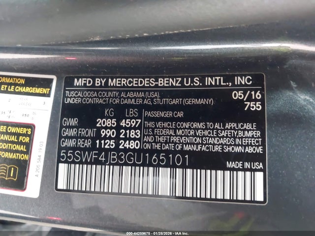 2016 Mercedes-benz C 300 მანქანა იყიდება აუქციონზე, vin: 55SWF4JB3GU165101, აუქციონის ნომერი: 44259675