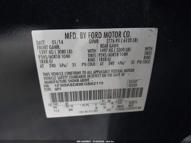 1FM5K8D89EGB62119 Ford EXPLORER XLT