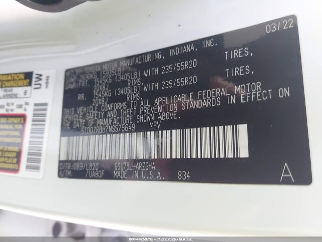 5TDDZRBH7NS575649 Toyota Highlander Limited