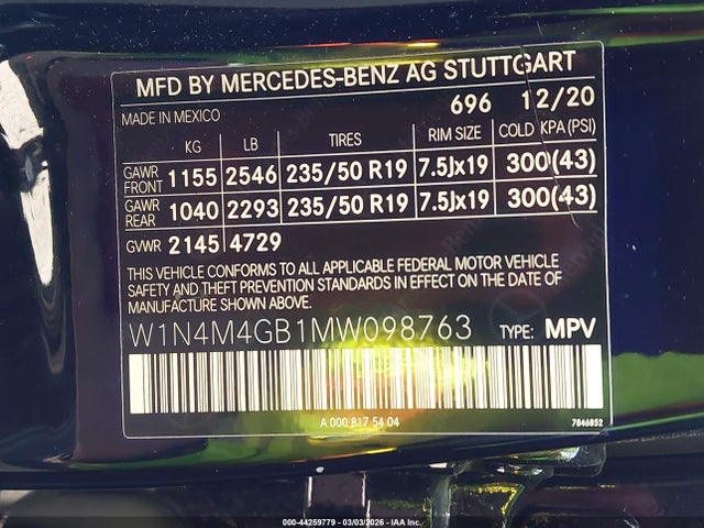 Продажа на аукционе авто 2021 Mercedes-benz Glb 250, vin: W1N4M4GB1MW098763, номер лота: 44259779