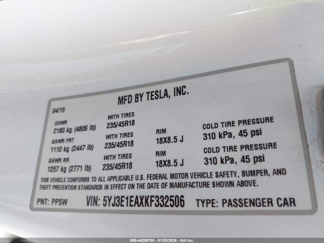 2019 TESLA MODEL 3 5YJ3E1EAXKF332506 Photo 8
