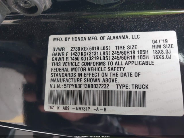 Honda Ridgeline Sport 2019 5FPYK3F13KB037232 Image 9