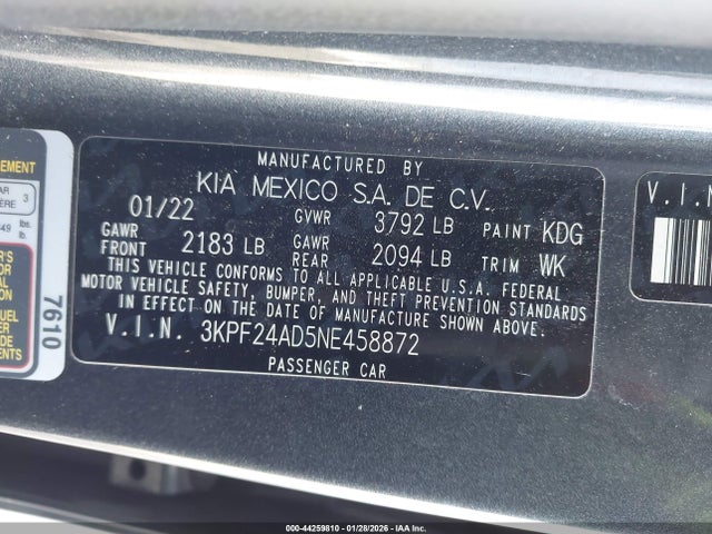 3KPF24AD5NE458872 KIA Forte Lxs