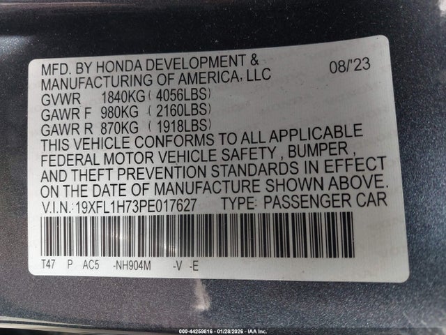 19XFL1H73PE017627 Honda Civic Ex-l/ex-l W/o Bsi