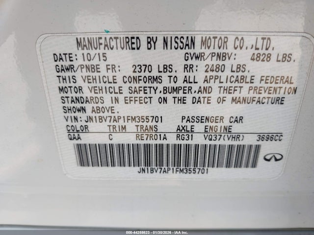 44259823 :رقم المزاد ، JN1BV7AP1FM355701 vin ، 2015 Infiniti Q50 Premium مزاد بيع