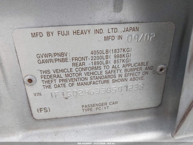 2003 SUBARU IMPREZA JF1GD29633G507238 Photo 8