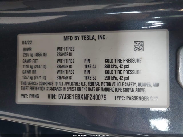 2022 TESLA MODEL 3 5YJ3E1EBXNF240079 Photo 8