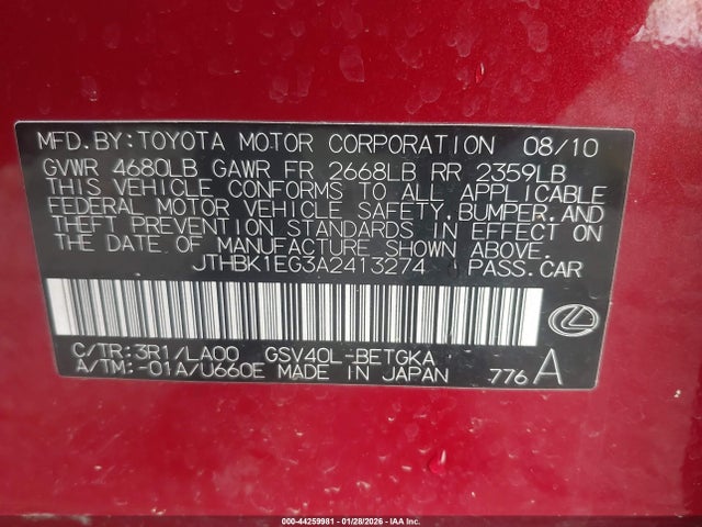 44259981 :رقم المزاد ، JTHBK1EG3A2413274 vin ، 2010 Lexus Es 350 مزاد بيع