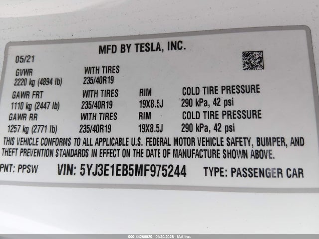 Продажа на аукционе авто 2021 Tesla Model 3 Long Range Dual Motor All-wheel Drive, vin: 5YJ3E1EB5MF975244, номер лота: 44260020