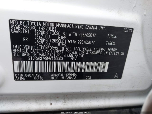 2T3RWRFV8MW110003 Toyota Rav4 Hybrid Xle