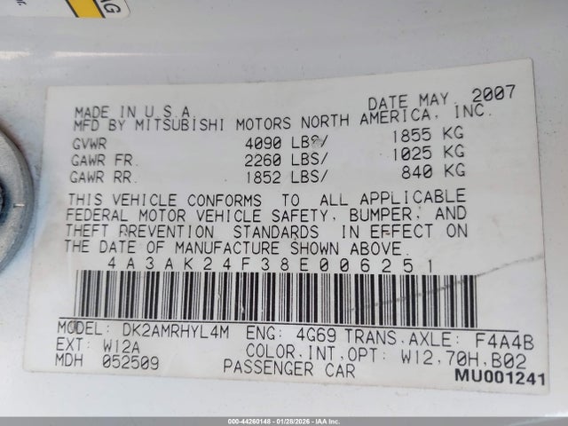 2008 MITSUBISHI ECLIPSE 4A3AK24F38E006251 Photo 8