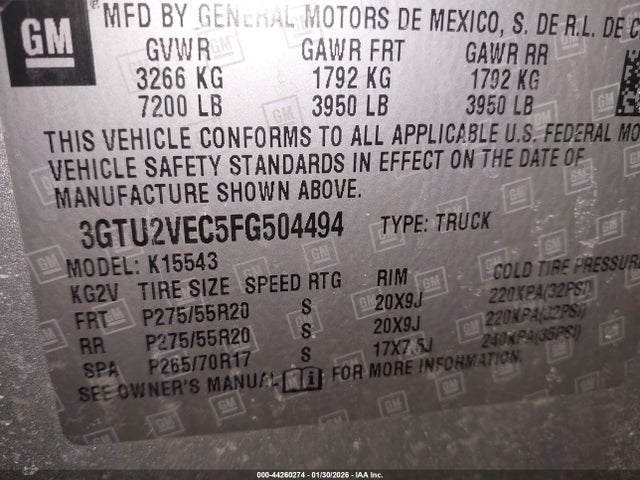Aukcja sprzedaży 2015 Gmc Sierra 1500 Slt, vin: 3GTU2VEC5FG504494, numer aukcji: 44260274