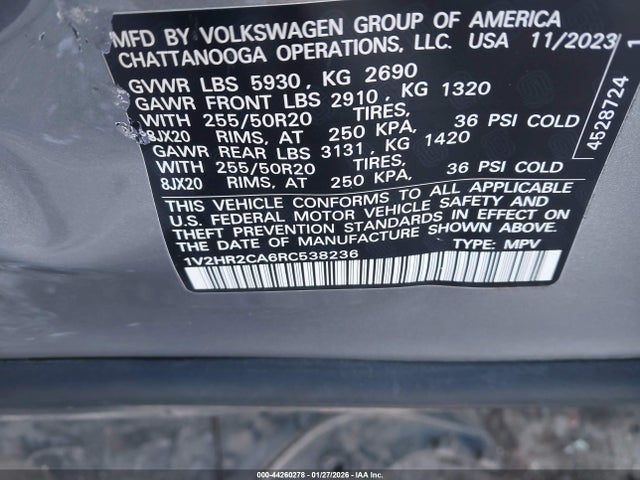 Aukcja sprzedaży 2024 Volkswagen Atlas 2.0t Se W/technology, vin: 1V2HR2CA6RC538236, numer aukcji: 44260278