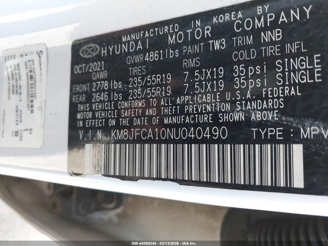 Aukcja sprzedaży 2022 Hyundai Tucson Hybrid Sel Convenience, vin: KM8JFCA10NU040490, numer aukcji: 44260345
