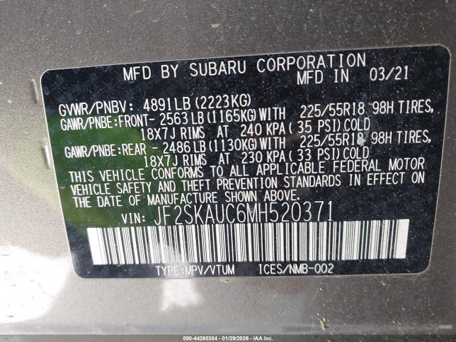 Продаж на аукціоні авто 2021 Subaru Forester Limited, vin: JF2SKAUC6MH520371, номер лоту: 44260354