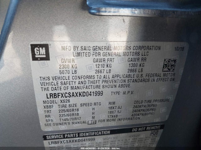 44260391 :رقم المزاد ، LRBFXCSAXKD041999 vin ، 2019 Buick Envision Fwd Essence مزاد بيع