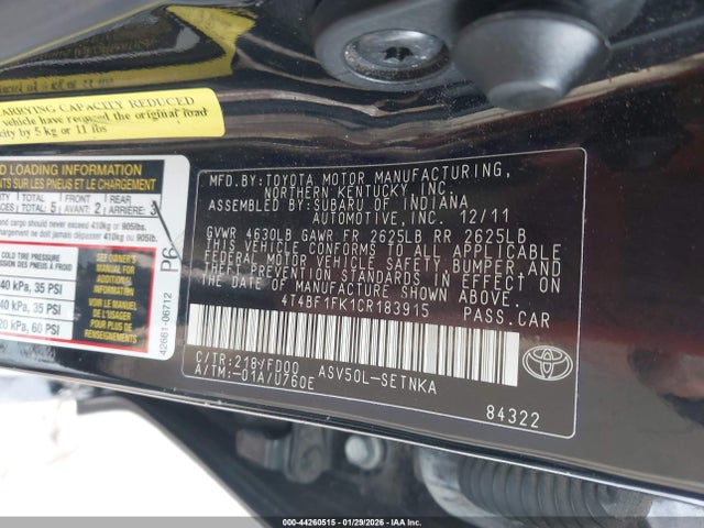 Auction sale of the 2012 Toyota Camry Le, vin: 4T4BF1FK1CR183915, lot number: 44260515