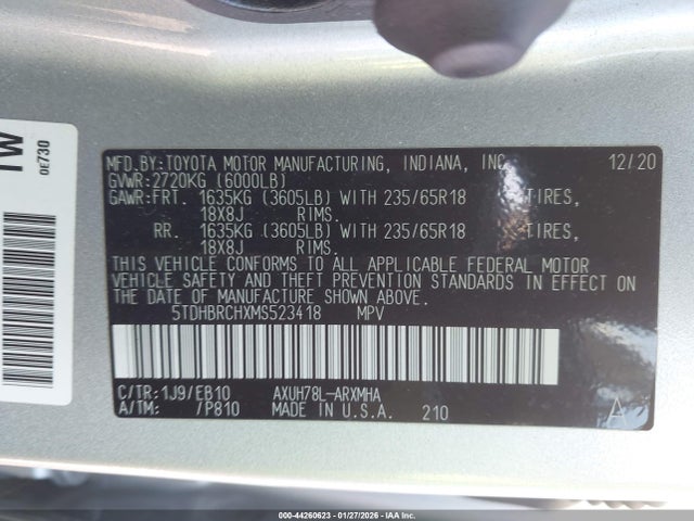 5TDHBRCHXMS523418 Toyota Highlander Hybrid Xle