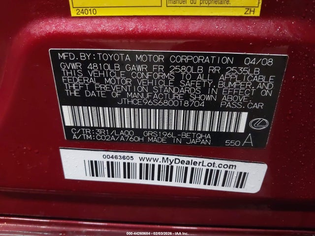 Aukcja sprzedaży 2008 Lexus Gs 350, vin: JTHCE96S680018704, numer aukcji: 44260684