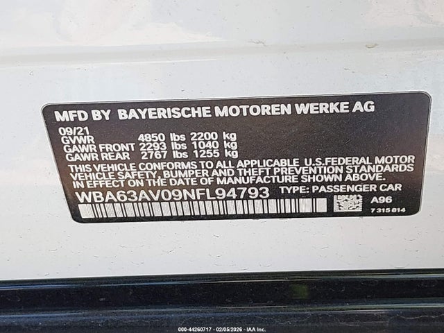 2022 Bmw 430i Gran Coupe მანქანა იყიდება აუქციონზე, vin: WBA63AV09NFL94793, აუქციონის ნომერი: 44260717