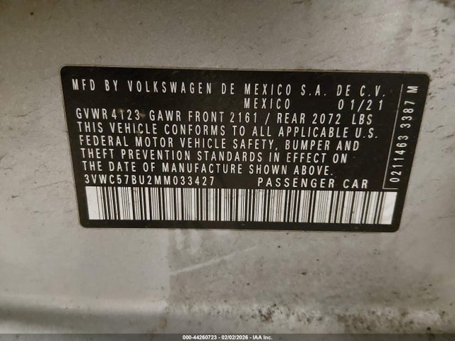 2021 Volkswagen Jetta 1.4t R-line/1.4t S/1.4t Se მანქანა იყიდება აუქციონზე, vin: 3VWC57BU2MM033427, აუქციონის ნომერი: 44260723