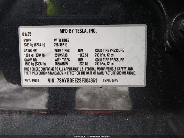 44260831 :رقم المزاد ، 7SAYGDEE2SF304951 vin ، 2025 Tesla Model Y Long Range Dual Motor All-wheel Drive مزاد بيع