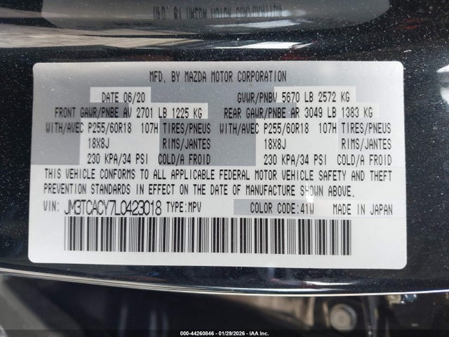 44260846 :رقم المزاد ، JM3TCACY7L0423018 vin ، 2020 Mazda Cx-9 Touring مزاد بيع