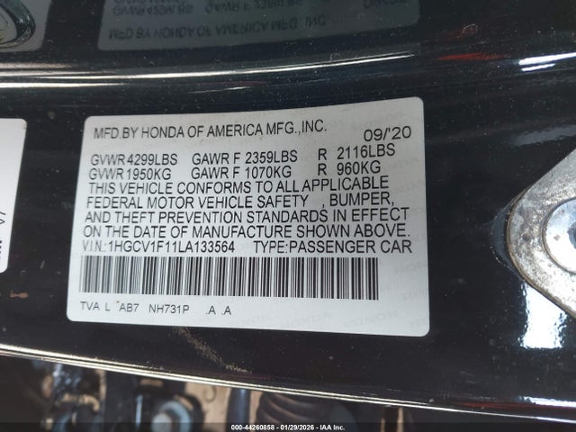 2020 Honda Accord Lx მანქანა იყიდება აუქციონზე, vin: 1HGCV1F11LA133564, აუქციონის ნომერი: 44260858