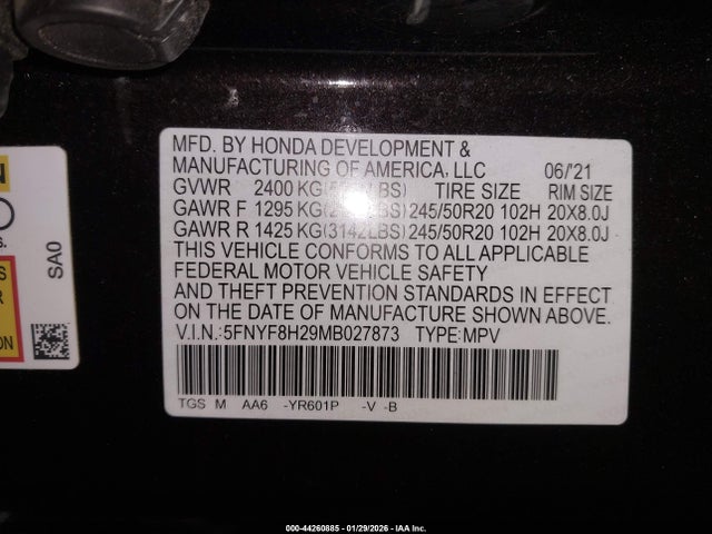 44260885 :رقم المزاد ، 5FNYF8H29MB027873 vin ، 2021 Honda Passport Awd Sport مزاد بيع