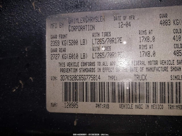 44260891 :رقم المزاد ، 3D7KS28C65G775814 vin ، 2005 Dodge Ram 2500 Slt/laramie مزاد بيع