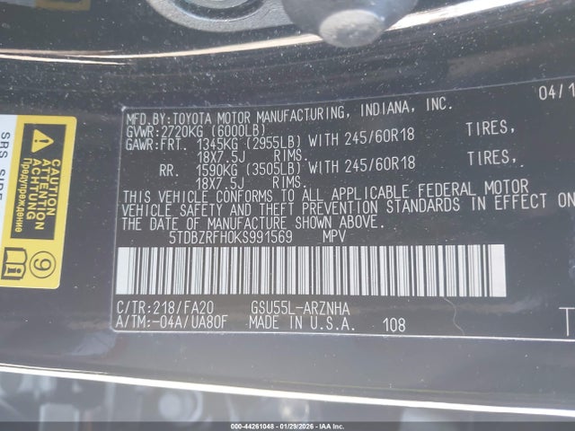 5TDBZRFH0KS991569 Toyota Highlander Le Plus