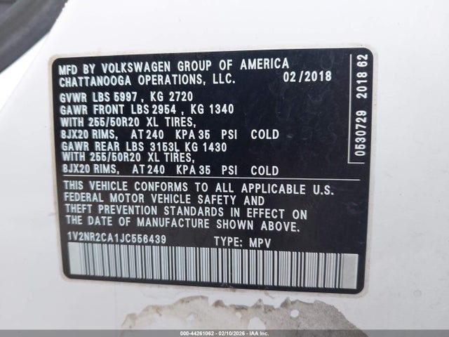 Продажа на аукционе авто 2018 Volkswagen Atlas 3.6l V6 Sel Premium, vin: 1V2NR2CA1JC556439, номер лота: 44261062
