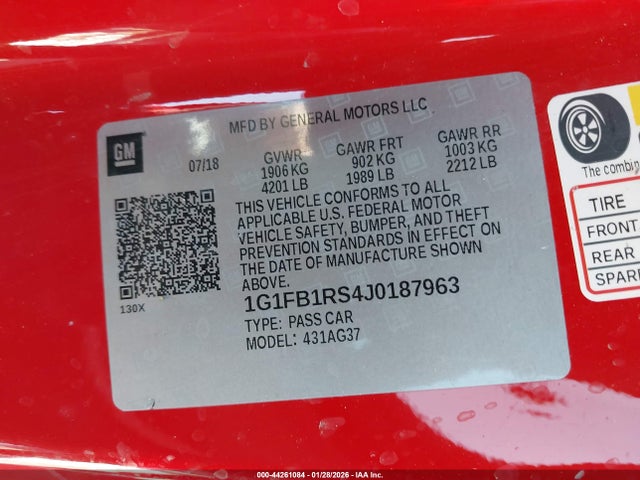 Aukcja sprzedaży 2018 Chevrolet Camaro 1lt, vin: 1G1FB1RS4J0187963, numer aukcji: 44261084