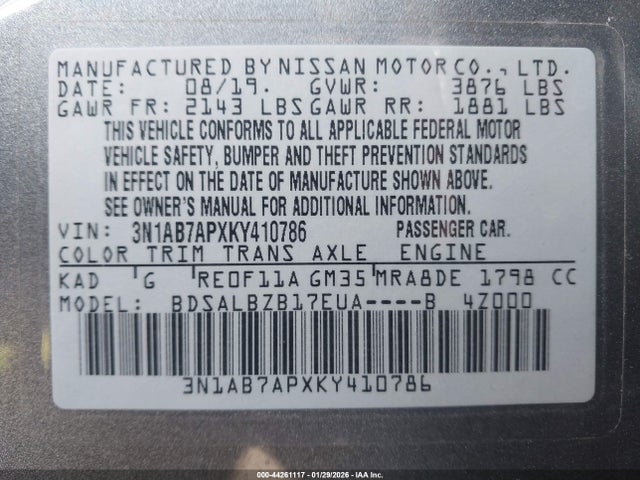 3N1AB7APXKY410786 Nissan SENTRA S