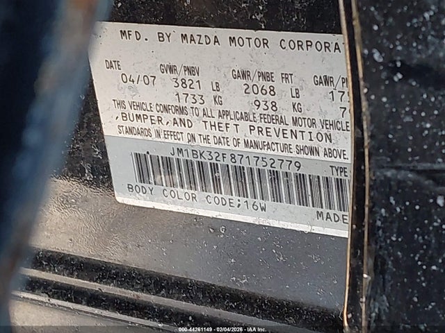 Aukcja sprzedaży 2007 Mazda Mazda3 I, vin: JM1BK32F871752779, numer aukcji: 44261149